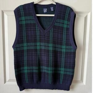 Vintage GAP Blue Green Plaid Sweater Vest 90s Cotton Blend Mens Sz Large Preppy